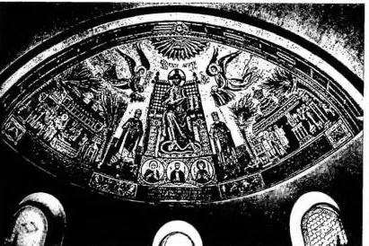 In alto a sinistra: CRISTO IN GLORIA TRA I SANTI GERVASIO E PROTASIO. Le due scene laterali rappresentano la visione di s. Ambrogio e i funerali di s. Martino di Tours, Mussico (fine sec. x) - Milano, basilica di s. Ambrogio. In alto a destra: INCORONAZIONE DELLA VERGINE. Affresco del Borgognone (15