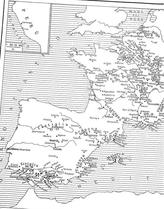 historical of the diffusion of the Order in the 18th cent., compiled by Fr. G. Moretti according to G. Roberti, Disegno storico dell'Or