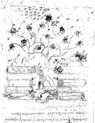 Above left: THE BEES. Miniature referring to the praise of bees in the Exultet no. 1 (11th cent.) - Mirabella Eclano, collegiate church. Above right: MARRIAGE OF A KING. Miniature by Niccolò di Giacomo (14th cent.) - Biblioteca Vat., cod. Vat. lat. 2534, f. 161v. Below left: ASSUMPTION OF MARY. Miniature from the Fermo Missal of 1436 - Fermo, Cathedral. Below right: INITIAL WITH ST. JEROME AND FRIEZES. Preface of St. Jerome to the Psalms. Bible of Federico di Montefeltro (1478) - Biblioteca Vat., cod. Urb. lat. 2, f. 2.