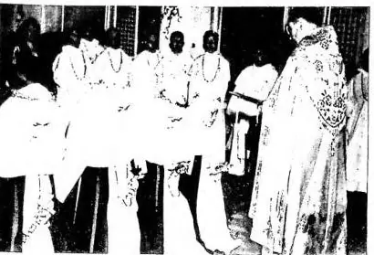 Above left: THE APOSTOLIC VICARS AND PREFECTS of the Belgian Congo and Ruanda-Urundi gathered at Léopoldville for the IV Plenary Conference (11 March 1951). Above right: INVESTITURE OF INDIGENOUS DOMINICAN NUNS in the College of St. Catherine (Manila 1950). Below left: SOLEMN INAUGURATION of the Hol