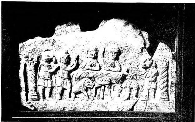 Above: MITHRAS RELIEF with scene of communion of believers - Sarajevo, Museum. Below: MITHRAS SLAYING THE BULL. At his sides Cautes (sun at dawn) and Cautopates (sun at sunset). Below left M. dragging the bull (transitus Mithrae) above the Sun and Moon, between which 4 stars, signifying the astral character assumed by Mithraism - Rome, Musei di Roma.