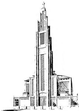 Above left: CHURCH OF NOTRE-DAME. A. Perret (1922) - Le Raincy (S. et O.). Above right: CHURCH OF ST. AUGUSTINE. K. P. Tholens - Amsterdam. Below left: FACADE OF THE CHURCH OF ST. PANTALEON. Giuseppe Valadier - Rome. Below right: UNIVERSITY CHAPEL. M. Piacentini (1948) - Rome.