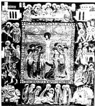 Above left: THE PASSION OF CHRIST. Embroidery on linen with wool, silk and gold by L. Lechner (Germany) - Rome, International Exhibition of Sacred Art 1950. Above right: QUEEN OF ANGELS. Stained glass by Louis - Charles Crespin (Belgium) - Rome, International Exhibition of Sacred Art 1950. Below left: CRUCIFIX AND STATIONS OF THE CROSS by A. Martinotti (Italy) - Rome, International Exhibition of Sacred Art 1950. Below right: BAPTISMAL FONT by Jan-Eloj and Leo Brom (Holland) - Rome, International Exhibition of Sacred Art 1950.