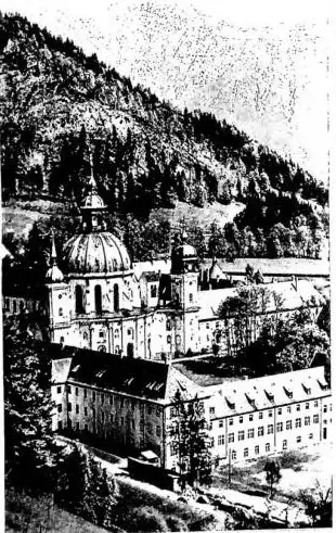 Left: BENEDICTINE ABBEY OF ETTAL. Above right: VIEW of Munich with the Isar and the Bavarian Alps. Below right: HOUSE OF ARTISTS in Munich.