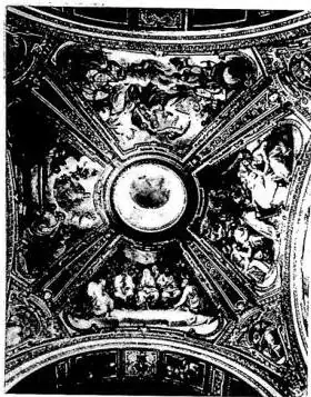 Left: MADONNA AND CHILD. Sculpture by F. Laurana (ca. 1471) - Messina, church of St. Augustine. Above right: DESCENT OF THE HOLY SPIRIT, DEATH, ASSUMPTION AND CORONATION OF MARY. Frescoes by G. B. Ricci da Novara (ca. 1615) - Rome, church of St. Onofrio al Gianicolo. Below right: FAINTING OF MARY MO