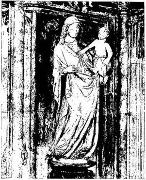 Above left: MADONNA DEI SERVI (1320) - Vienna, church of St. Stephen. Above right: MARY VIRGIN ANNUNCIATE. Relief of the portal of the Cathedral (late 12th cent.) - Altamura. Below left: PIETÀ. Polychrome wood of the late 16th cent. - Naples, church of the Pio Monte della Misericordia. Below right: 