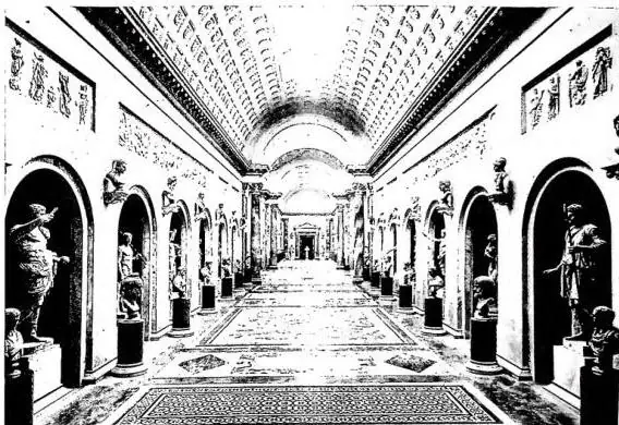 Above: GALLERY OF THE BRACCIO NUOVO of the Vatican Museums. Example of a neoclassical museum. Below: THE SECOND HALL OF THE GALLERY of the Accademia of Venice. Modern arrangement with rational lighting.