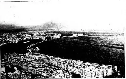 Above left: PANORAMA. Above right: VOMERO AND CASTEL S. ELMO FROM THE AIR. The castle is of 1340, transformed in 1540. Below left: ROYAL PALACE on a design by Domenico Fontana (1600-1602) modified by L. Vanvitelli and enlarged by Gaetano Genovese (1841). Façade towards the sea. Below right: MASCHIO 