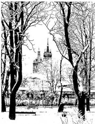 Above left: CRACOW IN WINTER. Above right: CHURCH ON THE SKALKA where St. Stanislaus suffered martyrdom in 1079 (17th cent.) - Cracow. Below: THE WAWEL CASTLE in Cracow, founded by Krakus prince of Croatia in the '700. 19th-cent. lithograph.