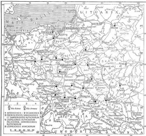 1) Present state border; 2) state border in 1939; 3) border of ecclesiastical district; 4) railways.