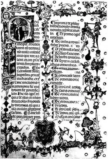 Left: INCIPIT OF THE PONTIFICAL OF DURAND OF MENDE. Above St. Peter in papal vestments, below the coat of arms of Peter of St. Martial, bishop of Rieux (second half of the 14th cent.) - Paris, Bibliothèque Sainte-Geneviève, ms. 143, f. 1. Right: PONTIFICAL OF CARD. GEORGES D'ARMAGNAC (after 1547). C