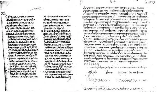Above left: LATIN UNCIAL (5th cent.): letter of St. Cyprian - Vatican Library, cod. Vat. lat. 10959, f. 1r. Above right: SEMI-UNCIAL (before 509-10): Explicit of the Liber in Constantium of St. Hilary of Poitiers - Vatican Library. Arch. Cap. S. Pietro, Basilicanus D 182, f. 288r. Below left: SEMI-U