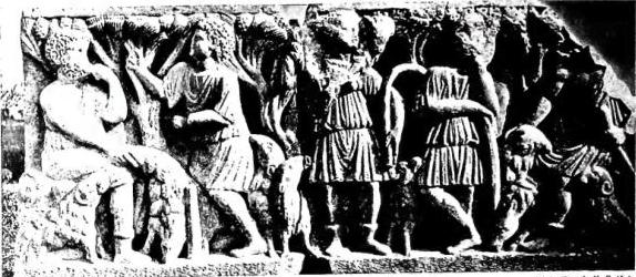 Above: SARCOPHAGUS WITH THE GOOD SHEPHERD (4th cent.) - Necropolis of the Isola Sacra - Porto. Centre: PLAN OF THE PORT OF TRAJAN - Porto. Below: BURIAL CHAMBER OF THE ISOLA SACRA - Porto.