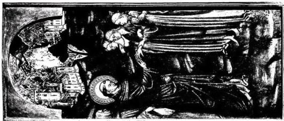 Left: BAS-RELIEF BY AGOSTINO DI DUCCIO ON THE FACADE OF THE CHURCH OF ST. BERNARDINO (1461) - Perugia. Right: MARRIAGE OF ST. FRANCIS WITH POVERTY. Above the blessing Hand of God. Panel painted by Ottaviano Nelli (ca. 1410). Vatican, Pinacoteca.