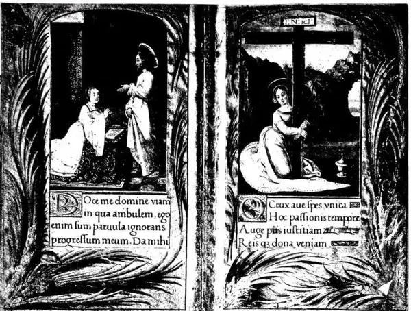 (Ind. Orlandia) FIGURES IN PRAYER (Renée of France and St. Mary Magdalene). Miniatures from the Book of Hours of Renée of France (16th cent.) - Modena, Biblioteca Estense.