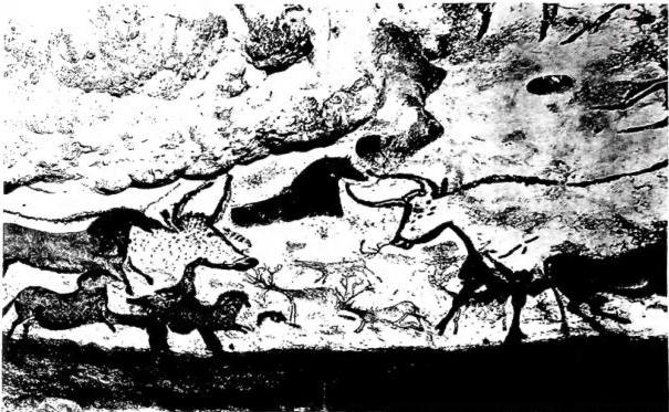 Above: FRANCO-CANTABRIAN ART (UPPER PALEOLITHIC): sample of cave wall figures (bovids, equids, etc.), painted in the cave of Lascaux (Ariège). The figures of the individual animals are large. Below: FRANCO-CANTABRIAN CAVE ART: male and female bison from the cave of Tuc d'Audoubert (Ariège), modelled in the round with the clay of the floor more than six hundred metres from the entrance of the cave itself. The female bison measures 61 cm in length, the male 63 cm.