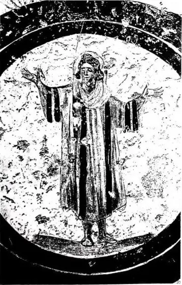 Left: ORANTE DEFUNTA. Fresco of the 2nd half of the 3rd cent. - Rome, cemetery of St. Callixtus. Right: NOAH ORANTE IN THE ARK. Fresco of the late 3rd early 4th cent. - Rome, cemetery inter duas lauros.