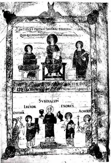 Left: EASTERN PRIESTLY ORDINATION. Armenian miniature (1248) - Venice, Library of the Mechitarist Fathers, cod. 1637. Right: THE MAJOR AND MINOR SACRED ORDERS. Miniature of the Sacramentary of the abbey of Marmoutier, f. 1 (9th cent.) - Autun, Library of the Major Seminary.
