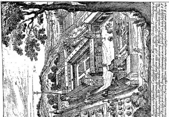 Left: EMBLEM OF THE ORDER. Mosaic representing Our Lord between two prisoners on the main door of the Hospital of St. Thomas in Formis (13th cent.) - Rome. Right: VIEW OF THE CONVENT OF CERFROID in 1633. Copper engraving.