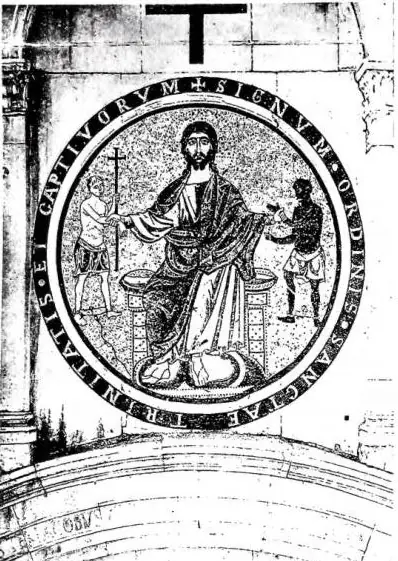 Left: EMBLEM OF THE ORDER. Mosaic representing Our Lord between two prisoners on the main door of the Hospital of St. Thomas in Formis (13th cent.) - Rome. Right: VIEW OF THE CONVENT OF CERFROID in 1633. Copper…