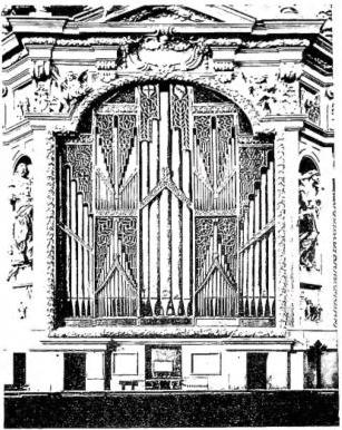 Above left: ORGAN OF LORENZO DI GIACOMO (1471) in original Gothic case with Baroque superstructures - Bologna, church of St. Petronius. Above right: ORGAN OF THE CHURCH OF ST. DOMINIC (18th cent.) - Orihuela (Alicante). Below left: ORGAN OF CARLO PRATI (1694), from the church of the Inviolata in Riva. Below right: GREAT ORGAN OF G. GABLER (built 1737-50) - Weingarten, Abbey.