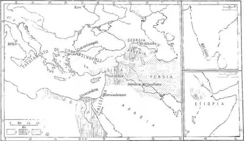 The Eastern Churches on the eve of the Byzantine schism (1054): 1) Orthodox; 2) Monophysites; 3) Nestorians.