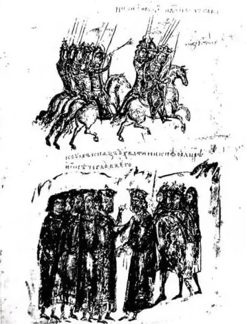 A sinistra: L'IMPERATORE NICEFORO CONTRO I BULGARI comandati dal principe Krum. Miniatura del sec. XIV - Biblioteca Vaticana, cod. Vat. slav. 2, f. 145e. A destra: I RUSSI INVADONO L'IMPERO D'ORIENTE. Battaglia equestre. Miniatura del sec. XIV - Biblioteca Vaticana, cod. Vat. slav. 2, f. 178 e.