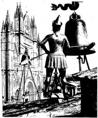 Above left: THE AUTOMATON CALLED "MAURIZIO" of the clock tower. Bronze of the 14th cent. - Orvieto. Above right: CLOCK TOWER by M. Coducci (1496-99); side buildings by P. Lombardo (1506). The "Moors" that strike the hours were cast by Ambrogio dell'Ancore (1497) - Venice. Below left: CLOCK OF THE CONVENT OF THE FILIPPINI. On a design by Francesco Borromini (1649) - Rome. Below right: CLOCK BY C. FANZAGO (17th cent.) - Clusone (Bergamo). Tower of the Town Hall.