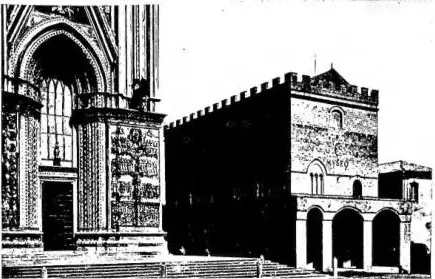 Above left: EXTERIOR OF THE CATHEDRAL. On a design by Lorenzo Maitani (early 14th cent.) - Orvieto. Above right: PALACE OF THE POPES, now Museo dell'Opera del Duomo (14th cent.) - Orvieto. Below left: THE PALACE OF THE CAPTAIN OF THE PEOPLE (13th cent.) - Orvieto. Below right: RUINS OF THE ANCIENT F