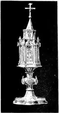 Above left: MONSTRANCE in brass of North Italian type (15th cent.) - Milan, basilica of St. Ambrose. Above centre: MONSTRANCE donated by the city of Milan to Leo XIII. Above is reproduced Bernini's baldachin - Rome, Treasury of St. Peter. Above right: MONSTRANCE (early 15th cent.) - Rossano, Cathedr
