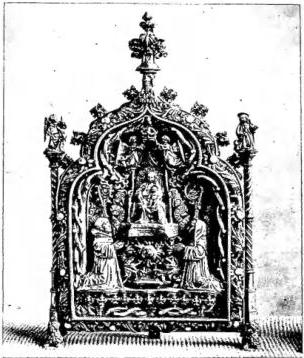 Above left: PAX IN SILVER ORNAMENTED WITH PEARLS. French art 14th cent. - Paris, Louvre Museum. Above right: PAX IN SILVER AND NIELLO, with the Coronation of the Virgin. Work by M. Finiguerra (1452) - Florence, Museo nazionale. Below left: PAX OF SIENA. Detail representing the Virgin (1464) - Arezzo, Cathedral. Below right: PAX IN METAL (16th cent.) - Venice, basilica of St. Mark, Treasury.