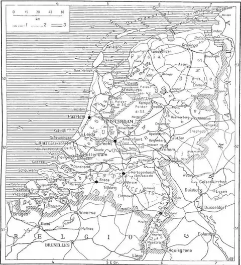 1) State border; 2) border of ecclesiastical district; 3) railways.