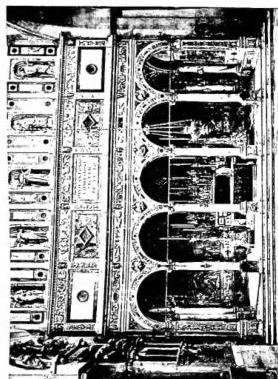 Above left: HALL OF THE ANTONIAN LIBRARY. Work by F. Focchi (1698) - Padua, convent of St. Anthony. Above right: CHAPEL OF ST. ANTHONY. Begun by Andrea Briasco, completed by J. Sansovino and by G. M. Falconetto (1533-46) - Padua, church of the Saint. Below left: LOGGIA DEL CONSIGLIO OR GRAN GUARDIA (15th-16th cent.) - Padua. Below right: COURTYARD OF THE UNIVERSITY. On a design by Andrea della Valle (mid 16th cent.) - Padua.