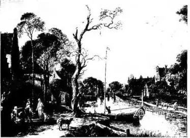 In alto a sinistra: UN CANALE. Dipinto di van der Meer (sec. XVII) - Londra, Galleria nazionale. In alto a destra: EDIFICIO DEL B. I. M. - L'Aja. In basso a sinistra: CATTEDRALE DI S. BAVONE (ora protestante) sec. XIV - Haarlem. In basso a destra: LA DIGA - Zuidersee.