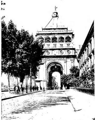 Above left: PORTA NUOVA (rebuilt in 1535) - Palermo. Above right: CHIARA-MONTE PALACE CALLED LO STERI (erected in 1307). Below left: CHURCH AND TOWER OF THE CASTLE (15th cent.) - S. Niccolò dell'Arena (Palermo). Below right: REMAINS OF THE SO-CALLED GYMNASIUM - Solunto.