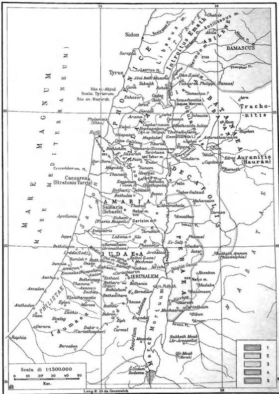 1. Syria (Roman Province). - 2. Tetrarchy of Philip. - Iudaea under Proc. Pontius Pilate. - 4. Tetrarchy of Herod Antipas. - 5. Decapolis.