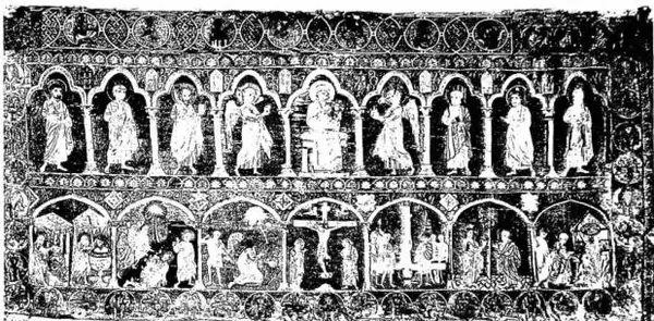 Above: EMBROIDERED ANTEPENDIUM. Above: Madonna and Child between two angels and six apostles; below: The Crucifixion between scenes from the lives of Sts. Paul and Peter (13th cent.) - Anagni, Treasury of the Cathedral. Below: ALTAR IN EMBOSSED AND CHASED GOLD AND SILVER WITH GEMS. Work by Vuolviniu