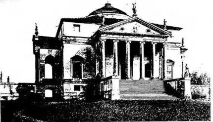 Above left: VILLA CALLED «LA ROTONDA» (1552) - Vicenza. Above right: CHIERICATI PALACE (1566), now Civic Museum - Vicenza. Below left: INTERIOR OF THE CHURCH OF THE REDENTORE (1577) - Venice. Below right: INTERIOR OF THE OLYMPIC THEATRE, continued by V. Scamozzi (1580) - Vicenza.