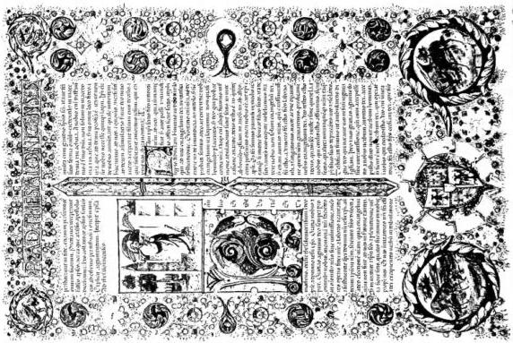 Left: A PAGE OF THE PENTAGLOT BOMBICINO CODEX of the 14th cent., from Egypt: Epistles of St. Paul in (from right to left) Ethiopic, Syriac, Coptic-Bohairic, Arabic, Armenian - Milan, Biblioteca Ambrosiana, B 20 inf. Right: EPISTLE OF ST. PAUL TO THE THESSALONIANS. Illuminated page of the Bible of Borso d'Este (1455-61) work by Taddeo Crivelli and collaborators - Modena, Biblioteca Estense.