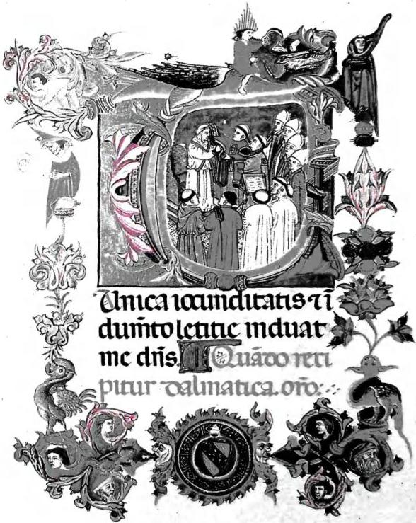 CODEX CONTAINING THE PRAYERS FOR THE PREPARATION AND THANKSGIVING OF THE MASS had copied and illuminated by Boniface IX (1389-1404). The miniature represents the pope wearing the cassock. Below the coat of arms of the Tomacelli. Biblioteca Vaticana, cod. Vat. lat. 3747, fol. 17°.