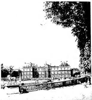 Above left: THE LUXEMBOURG (begun in 1615). Above right: COURTYARD OF THE INSTITUT CATHOLIQUE. Below left: THE CHURCH OF VAL-DE-GRACE (1645-65), arch. F. Mansard. Below right: HOTEL DE SENS (begun in 1475).