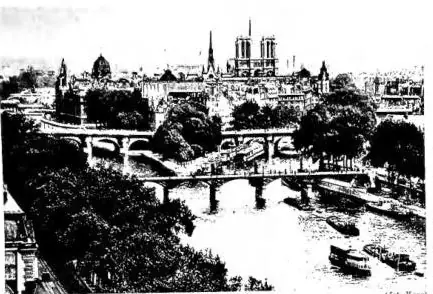 In alto a sinistra: VEDUTA DI PARIGI CON NOTRE-DAME. In alto a destra: PIAZZA DELLA CONCORDIA. In basso a sinistra: CORTILE DELLA SORBONNE, rifatto tra il 1885-89 dall'architetto H.-P. Nenot. In basso a destra: L'OPERA, arch. Charles Garnier (1862-75).