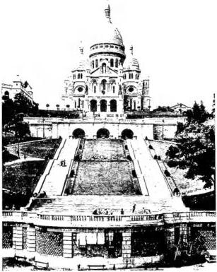 Above left: CHURCH OF THE SACRED HEART AT MONTMARTRE (1876-1919), monumental ramp. Above right: La S.te CHAPELLE (14th cent.). Below left: EXTERIOR OF THE CHURCH OF ST. FRANCIS DE SALES, built in 1873 by the architect Delebarre de Bay. Below right: CHURCH OF THE SORBONNE (1635), arch. J. Lemercier.