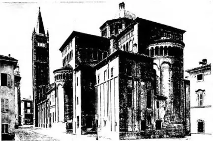 Above left: BISHOP'S PALACE (13th cent. with modern restorations) - Parma. Above right: THE NATIONAL ORPHANAGE of Fontanellato (Parma), inaugurated on 29 June 1950. Below left: VIEW OF THE CATHEDRAL FROM THE APSE (12th cent.) - Parma. Below right: EXTERIOR OF THE CHURCH OF THE S.MA ANNUNZIATA, on a 