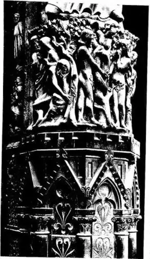 A sinistra: EVA MANGIA IL FRUTTO PROIBITO E LO PORGE AD ADAMO. Particolare del portale di sinistra di Notre-Dame (sec. XIII) - Parigi. Al centro: ADAMO ED EVA CONDANNATI AL LAVORO. Affresco di Paolo Uccello (1ª metà del sec. XV) - Firenze, chiesa di S. Maria Novella, chiostro verde. A destra: ADAMO 