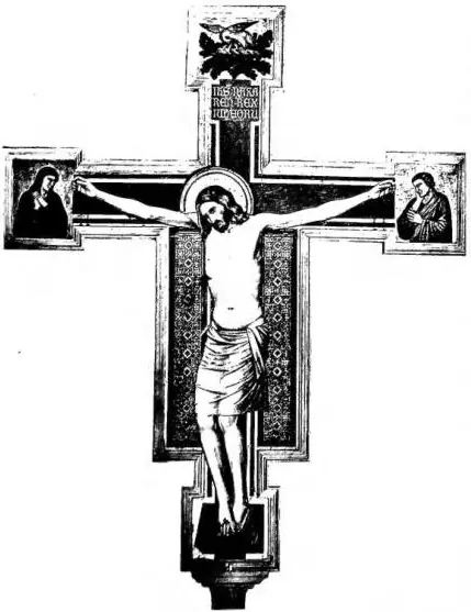 PELICAN AS SYMBOL OF CHRIST THE REDEEMER. Left: Crucifix. Painting of the Giotto school (13th cent.) - Florence, church of S. Felice. Right: Crucifix attributed to Masolino da Panicale (between 1427-35) - Pinacoteca Vaticana.