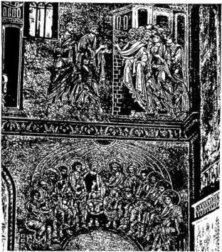 Above left: DESCENT OF THE HOLY SPIRIT UPON THE APOSTLES. Mosaic (12th cent.) - Monreale, presbytery of the Cathedral. Above right: DESCENT OF THE HOLY SPIRIT UPON THE VIRGIN AND THE APOSTLES. Miniature of an Antiphonary of the 15th cent. - Florence, Cathedral. Below: DESCENT OF THE HOLY SPIRIT UPON THE APOSTLES. On the left the dove on the Divine Throne from which the rays depart. Below between the windows are depicted the peoples present at the first preaching of the Apostles - Venice, mosaic of the church of S. Marco (12th cent.).