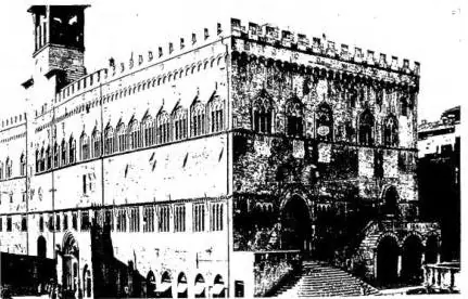 Above left: ROTUNDA OF S. ANGELO, built in the 6th cent. with restorations of the 14th cent. Above right: TOWN HALL OR PALAZZO DEI PRIORI (completed in 1297). Below left: INTERIOR OF THE CLOISTER of the convent of S. Giuliana (ca. 1320). Below right: PORTA S. PIETRO. Work by Agostino di Duccio (1475