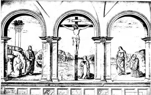 Above: CRUCIFIXION. At the foot of the Cross the Magdalene; on the left St. Bernard and the Virgin Mary; on the right, St. Benedict and St. John the Evangelist - Florence, convent of S. Maria Maddalena de' Pazzi; Chapter house. Below: DELIVERY OF THE KEYS (central part; ca. 1483). Fresco in the Sistine Chapel.
