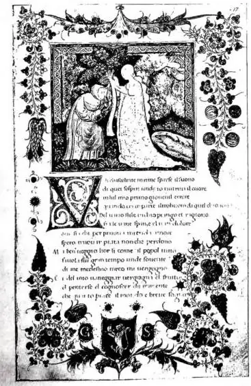 A sinistra: PETRARCA TRAFITTO DA AMORE e incoronato da una fanciulla. Miniatura di scuola lombarda del sec. XV: cod. Barb. lat. 3943, f. 17ª contenente il Canzoniere e i Trionfi. A destra: PROEMIO ALLE «VITE DEI PONTEFICI ED IMPERATORI ROMANI». S. Jacopo a Ripoli, 1478 - Roma, esemplare della Biblio